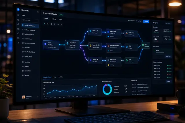 Écran de workflow d'automatisation reliant plusieurs outils